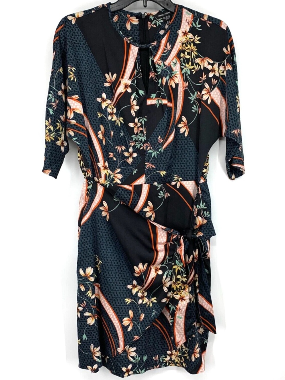 Maggy London Dress Women 10 Faux Wrap Blue Black Floral Print Keyhole 3/4 Sleeve